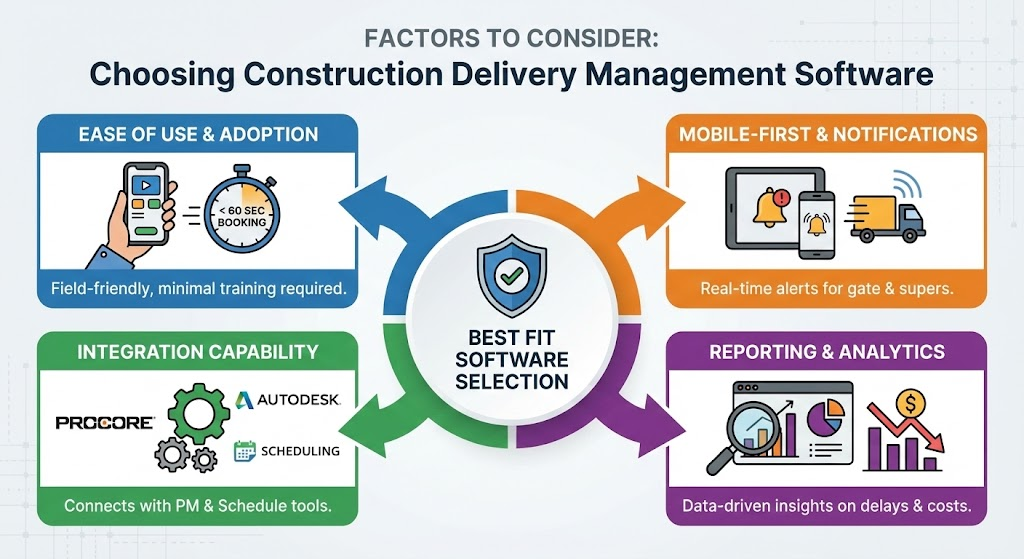 A strategic flowchart diagram outlining the critical factors to consider when selecting construction delivery management software, emphasizing user adoption, mobile connectivity, and data integration.