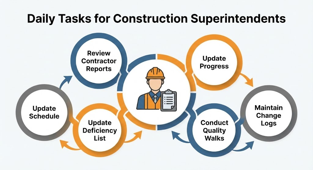 Daily Tasks for Construction Superintendents
This diagram illustrates the core daily responsibilities, emphasizing a continuous cycle of reviewing, updating, and inspecting to maintain project momentum and quality.