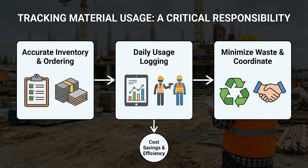 Tracking Material Usage: A Critical Responsibility for Foremen This flowchart visually represents the material tracking process, from accurate inventory and daily logging to waste minimization and final cost savings.