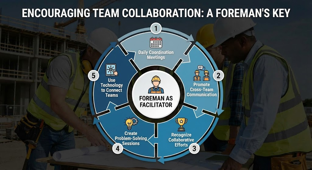 Encouraging Team Collaboration: A Foreman’s Key to Project Success This circular diagram highlights the foreman's role as a facilitator, showing the cyclical process of fostering collaboration through meetings, communication, and recognition.