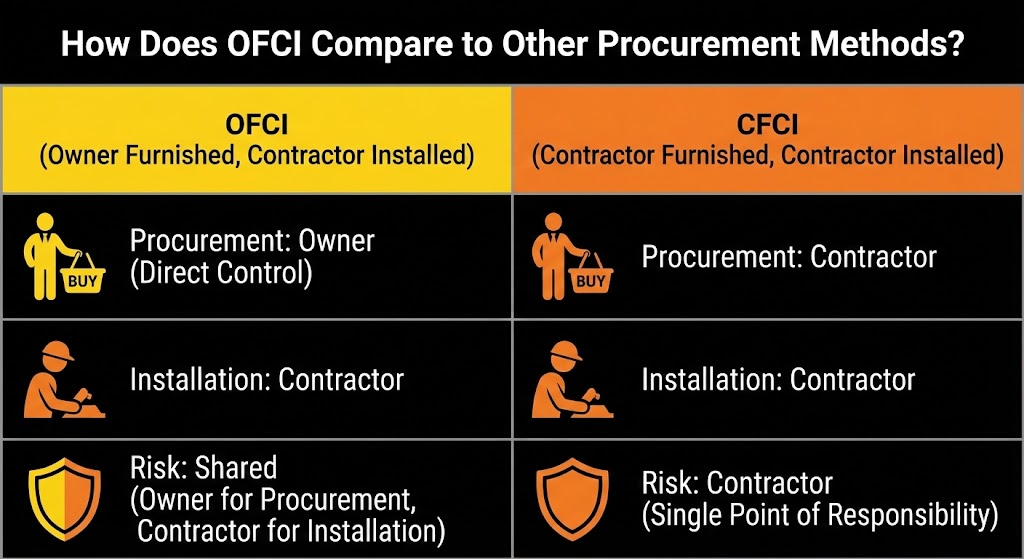 How Does OFCI Compare to Other Procurement Methods?
This side-by-side comparison chart provides a clear and concise breakdown of the differences between OFCI and CFCI (Contractor Furnished, Contractor Installed) across procurement, installation, and risk.
